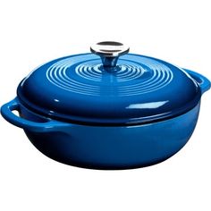 a blue casserole dish with a lid