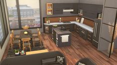 an artist's rendering of a kitchen and living room in a house with wood floors