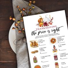 a thanksgiving printable for the price is right on a plate next to a fork and knife