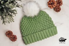 a green knitted hat with a white pom - pom sits next to pine cones