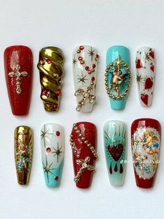 Sacred Heart Nail Art, Cherub Nails, Sacred Heart Nails, Baroque Nails, Asia Nails, Douyin Nails, Maroon Nails, December Nails, Vintage Nails