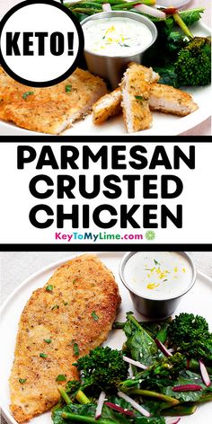 keto parmesan crusted chicken on a plate with broccoli