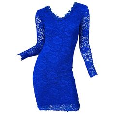 Sexy yet classy 1990s royal / cobalt blue lace long sleeve bodycon dress! Features a vibrant color blue that looks great on any skin tone. Stretch matte jersey base with lace overlay and semi sheer sleeves. Hidden zipper up the back with hook-and-eye closure. Very well made with heavy attention to details. Great belted or alone for any day or evening event. Perfect with sandals, wedges or flats for day, and heels or boots for evening. Made in USA Approximately Size Small / Medium ( lots of stret Lace Bodycon Dress Long Sleeve, Royal Blue Lace Dress, Lace Dress Classy, Vintage 90s Dress, Royal Blue Lace, Blue Lace Dress, Sandals Wedges, Floral Bodycon, Lace Blue Dress