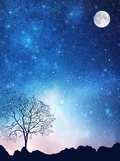 a lone tree is silhouetted against the night sky with stars and moon in the background