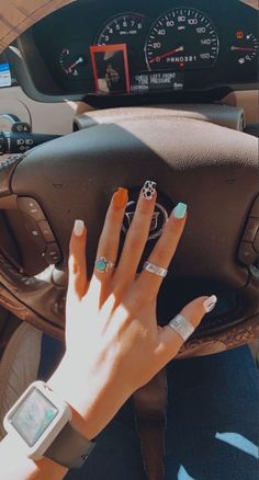 Farm Acrylic Nails, Nails Solid Color Acrylic, Western Nails Orange And Teal, Cute Short Acrylic Nails Western, Boho Western Nails Acrylic, Summer Nails Country, Short Acrylic Nails Designs Western, Burnt Orange Western Nails, Western Mail Designs