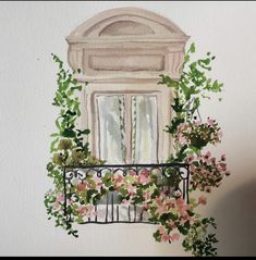 a watercolor painting of a balcony with flowers on it