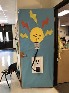 a door decorated to look like a lightbulb with an electrical outlet plugged into it