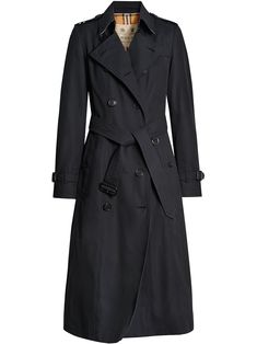 Midnight cotton/calf leather Chelsea Heritage long trench coat from BURBERRY featuring notched lapels, double-breasted button fastening, belted waist, two side inset pockets, storm flap and long sleeves. | Burberry Chelsea Heritage long trench coat Black Trench Coat, Burberry Outfit, Blue Trench Coat, Burberry Trench, Burberry Trench Coat, Long Trench, Long Trench Coat, Belted Trench Coat, Trench Coat Black