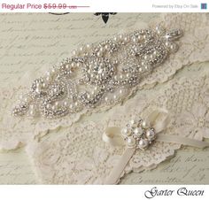 SALE Bridal Garter Wedding Garter Set Ivory  by GarterQueen, $53.99 Garter Set Wedding, Garters For Wedding, Rhinestone Garter, Lace Garter Set, Pearls And Lace