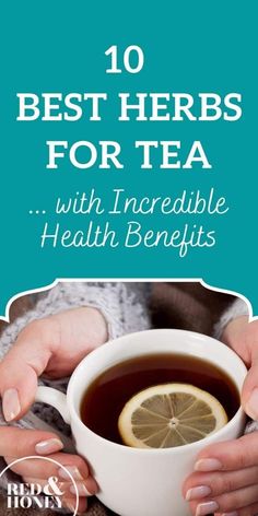 two hands holding a cup of tea with lemon on top and the words 10 best herbs for