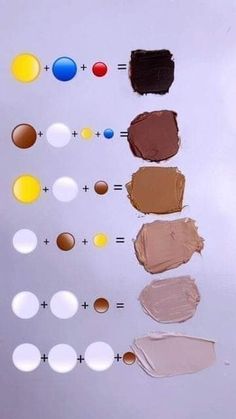 there are many different shades of paint on the table and one is brown, blue, yellow