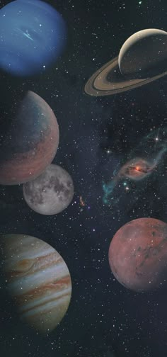 an artist's rendering of the solar system with eight planets and stars in the background