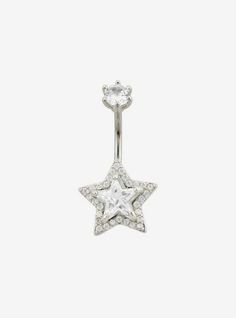 a star shaped navel ring with clear crystal stones on the top and an attached bar