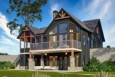 this is an artist's rendering of a house in the woods with large windows