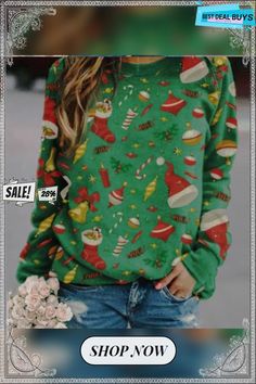 Christmas Print Fleece Sweatshirt Holiday Long Sleeve Top With Graphic Print, Graphic Print Long Sleeve Tops For Holiday, Long Sleeve Graphic Print Top For Holiday, Casual Long Sleeve Holiday Tops, Green Casual Christmas Sweater, Green Graphic Print Sweatshirt For Winter, Cozy Fit Long Sleeve Graphic Print Tops, Casual Green Christmas Sweatshirt, Casual Christmas Long Sleeve Tops