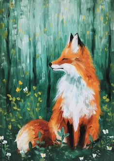 a painting of a red fox sitting in the grass with flowers on it's side