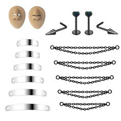 an assortment of metal objects including chains and nose rings