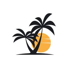 two palm trees on the beach with an orange sun in the background, logo design