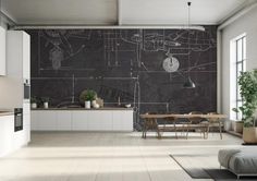 an industrial style kitchen and dining room with chalkboard wallpaper in the background,