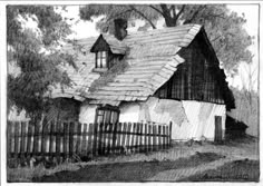 a black and white drawing of a house with a fence in the foreground, surrounded by trees