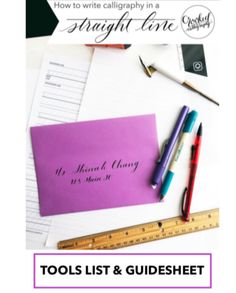 a purple envelope with the words, how to write calligraphy in a straight line