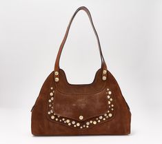 Throw on your favorite wide-leg jeans, pop a vibrant eye shadow, and channel some serious 70s vibes with this shoulder-slug satchel. Burnished and garment-washed suede (that's deliciously tactile) is finished in a flash of studs for a glam, laid-back effect. From Patricia Nash. 70s Bags, Parker Thatch, Mally Beauty, 70s Vibes, Vibrant Eyes, Italian Jewelry, Mens Slippers, Beauty Gift, Cute Bags