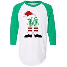 We are loving this new monogrammed Santa legs Christmas raglan baseball tee! Perfect for all of your holiday festivities this year. Pair with your favorite jeans and booties for a festive look! * 4.8 oz., 50/50 polyester/cotton * Contrast raglan sleeves and neck trim* Retail fit, side-seamed* Unisex sizing* Serged fishtail bottom Christmas Graphic, Festive Look, The Perfect Christmas, Christmas Shirt, Perfect Christmas, Holiday Festival, Favorite Jeans, Baseball Tee, Christmas Shirts