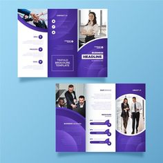 two fold business brochure templates with purple and blue shapes on the front