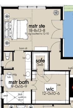 a floor plan for a small house with two bathrooms and an attached pool area in the middle