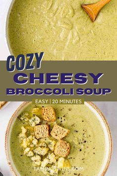 two bowls filled with creamy cheese broccoli soup and crackers on the side