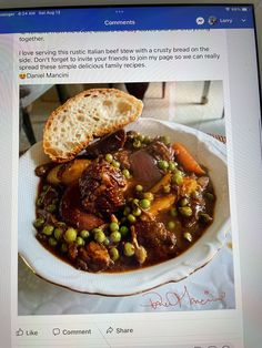 an image of a plate of food on a computer screen with the caption'i love serving this italian beef stew with croissants on the side