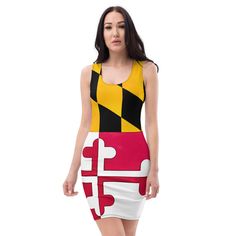 DEADLINE FOR ORDERING IN TIME FOR CHRISTMAS IS DEC 6TH!  Make a statement and look fabulous in this all-over printed, fitted dress. Step into comfort and Maryland pride, showcasing a trendy and patriotic twist with the distinctive Maryland flag design, seamlessly merging fashion and leisure in a bodycon dress. ** BE SURE TO CHECK THE SIZE CHART BEFORE YOU PLACE YOUR ORDER. ALL ITEMS ARE MADE TO ORDER AND THEREFORE CANNOT BE RETURNED IF YOU ORDER AN INCORRECT SIZE.  Designed by Barbi. Printed and Maryland Flag, Summer Tank Dress, Holiday Dresses Women, Christmas Dress Women, Rash Guard Women, City Dress, Mini Robes, Urban Dresses, Dress Gift