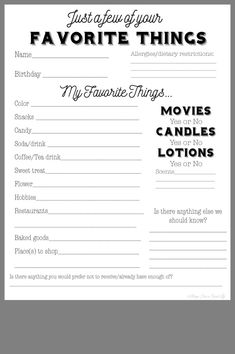 a printable list for favorite things with the words, movies, candles and lotions