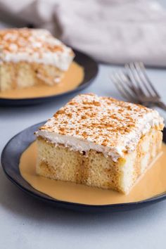 two plates with slices of cake on them