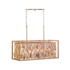 a rectangular chandelier hanging from the ceiling with gold chains and glass beads on it