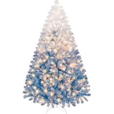 a blue and white christmas tree with lights on it's top, against a white background