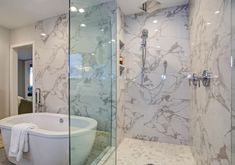 a bathroom with marbled walls and flooring, including a large bathtub in the middle