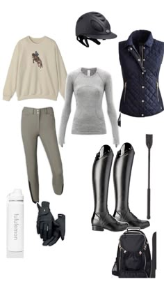 a woman's outfit and accessories including boots, jacket, hat, backpack, water bottle