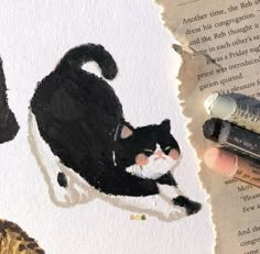 a drawing of a black cat laying on top of a piece of paper next to an ink pen