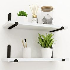 two white shelves with black brackets holding plants and other items on them, one shelf has a potted plant in it