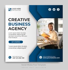 a blue and white business flyer with a man holding a book in front of him