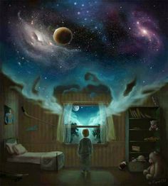 a man standing in front of a window with the words good night on it and an image of planets