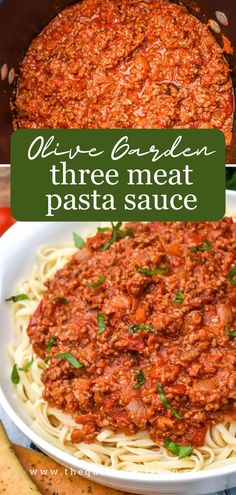 three meat pasta sauce in a white bowl with the words olive garden, three meat pasta sauce