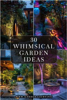 the cover of 30 whimsical garden ideas, with images of trees and lights