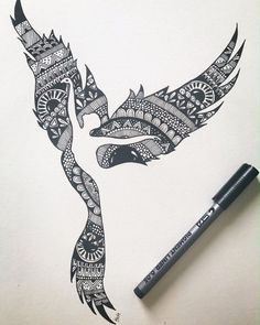 a drawing of a bird with intricate designs on it