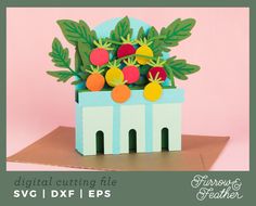 an image of a card with fruit in it on top of a cardboard box that says digital cutting file svg dxf eps