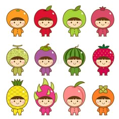 children in fruit costumes for halloween or any kind of party, including apples, watermelon, pineapple and strawberry