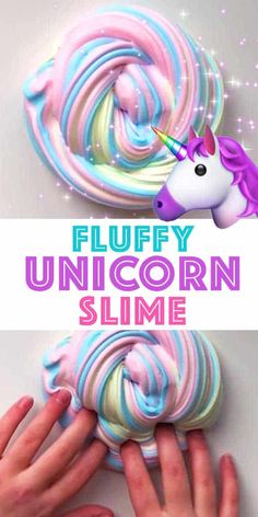 the unicorn slime is being made with pink, blue and white swirled icing