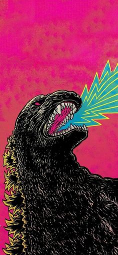 an illustration of a godzilla with its mouth open and the word godzilla written on it