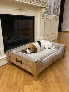 a brown and white dog laying on top of a bed in front of a fireplace